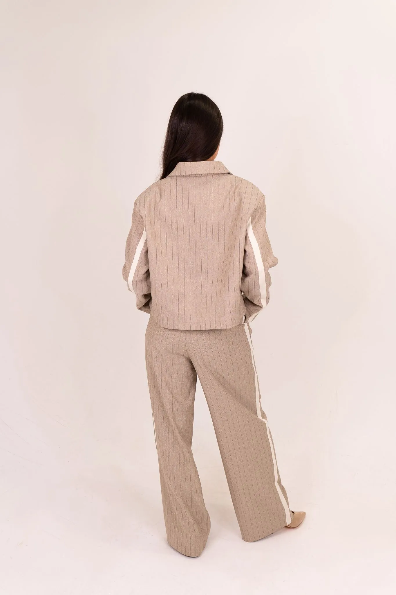 Kiera Zip Pinstripe Jacket In Taupe