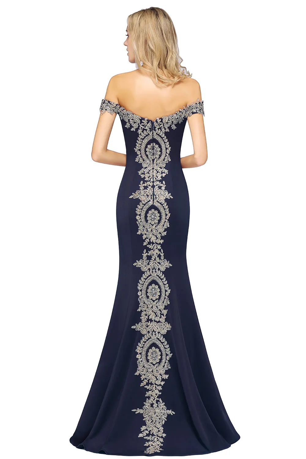 Long Off-the-Shoulder Gold Appliques Floor Length Mermaid Evening Dress