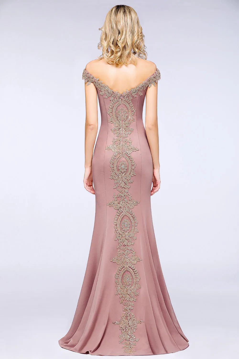 Long Off-the-Shoulder Gold Appliques Floor Length Mermaid Evening Dress