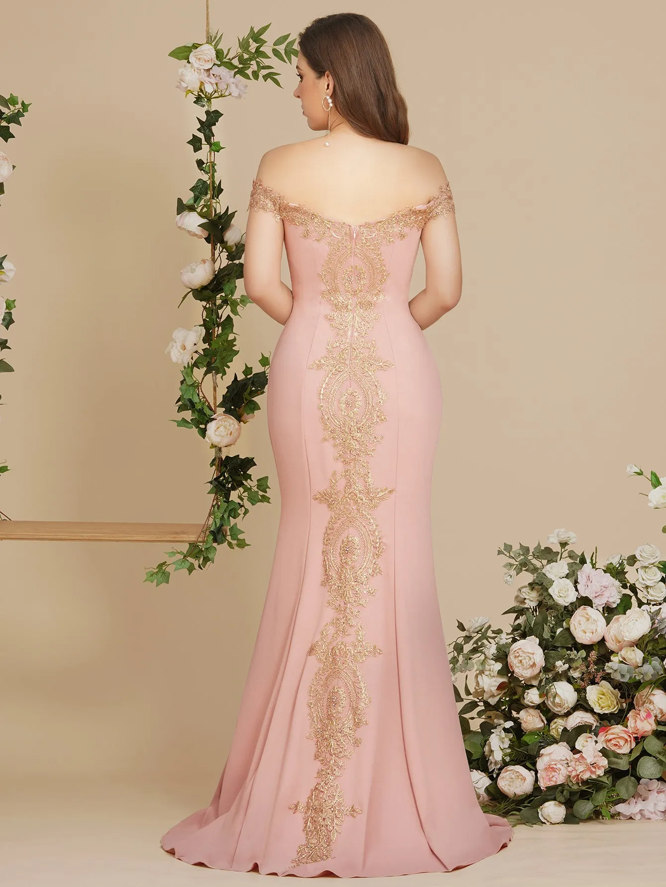 Long Off-the-Shoulder Gold Appliques Floor Length Mermaid Evening Dress