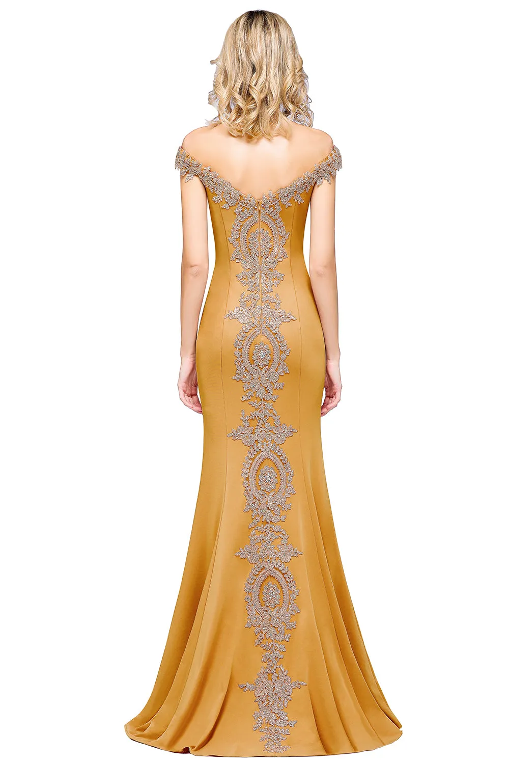 Long Off-the-Shoulder Gold Appliques Floor Length Mermaid Evening Dress