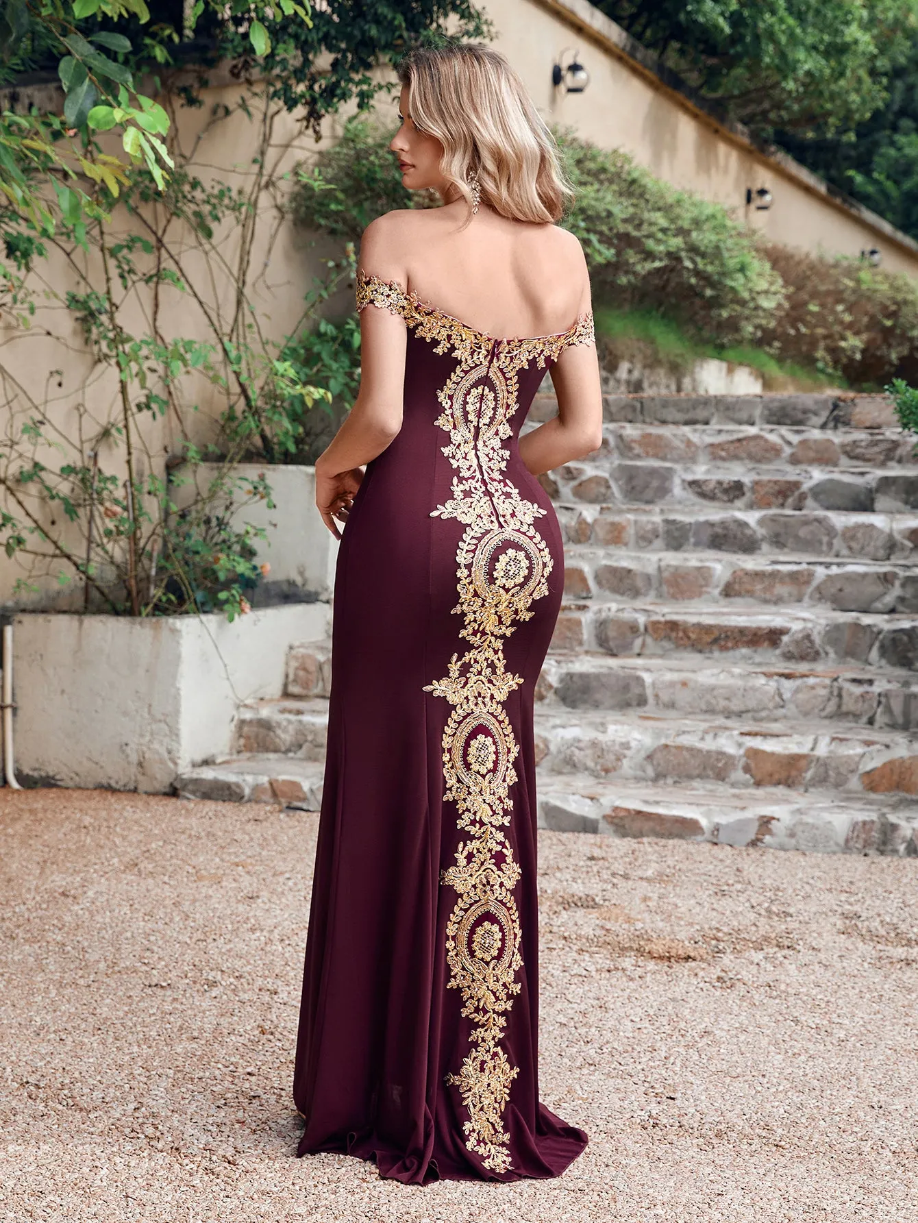 Long Off-the-Shoulder Gold Appliques Floor Length Mermaid Evening Dress