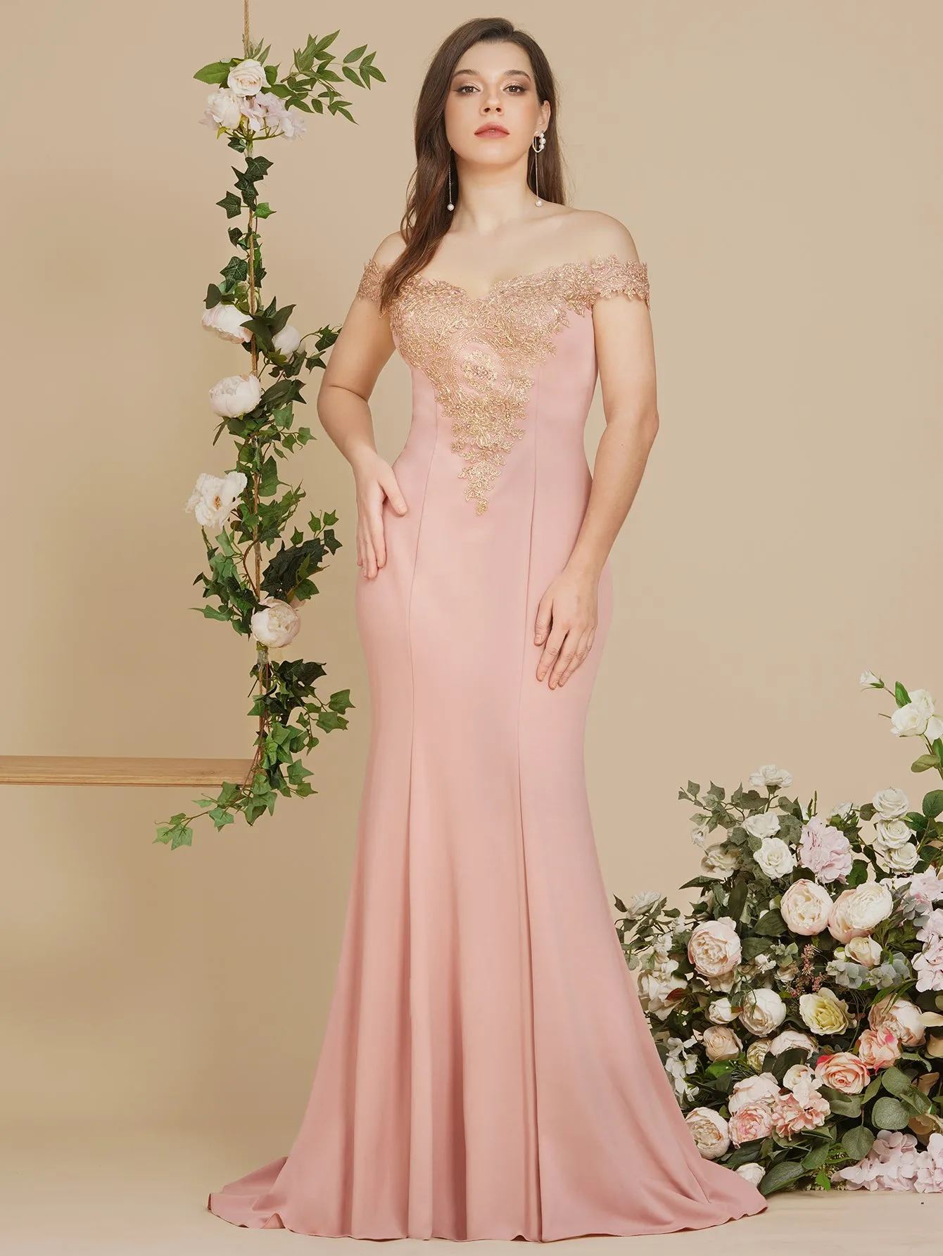 Long Off-the-Shoulder Gold Appliques Floor Length Mermaid Evening Dress