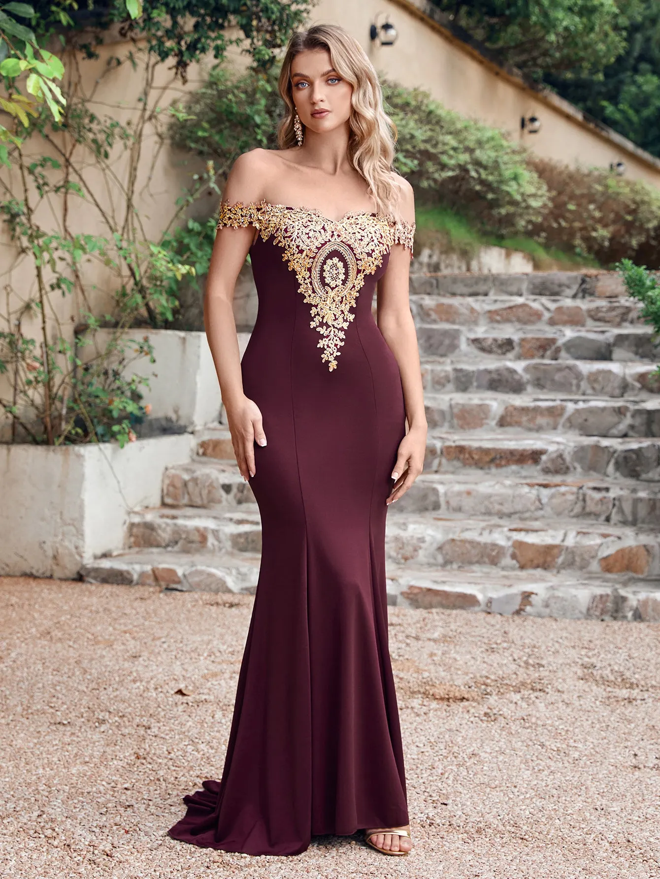 Long Off-the-Shoulder Gold Appliques Floor Length Mermaid Evening Dress