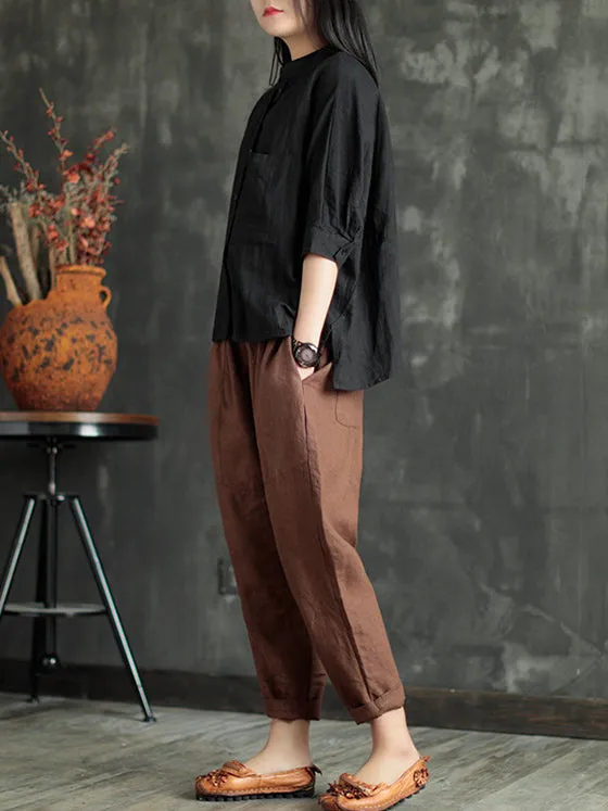 Loose Elastic Waist Ramie Cotton Pants