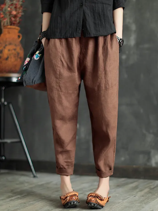 Loose Elastic Waist Ramie Cotton Pants