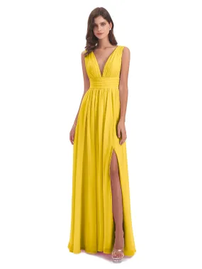 Marigold Bridesmaid Charming Chiffon V Neck Split Long Bridesmaid Dresses