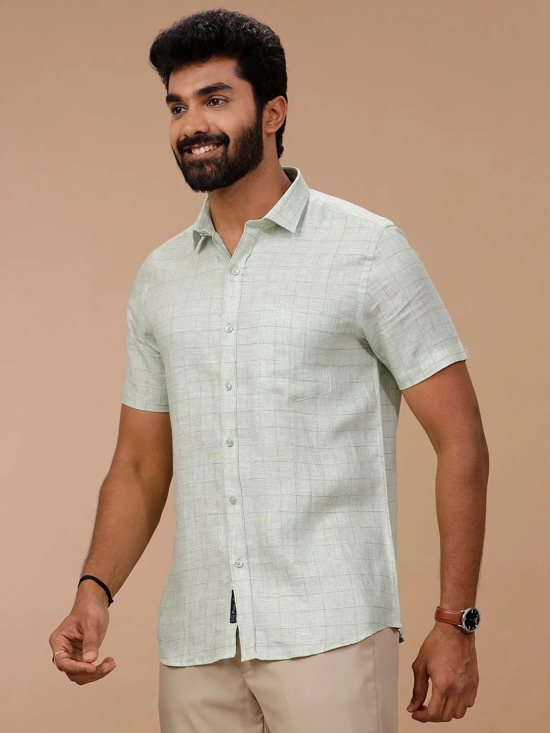 Men Pure Linen Checked Shirt Green - LS80