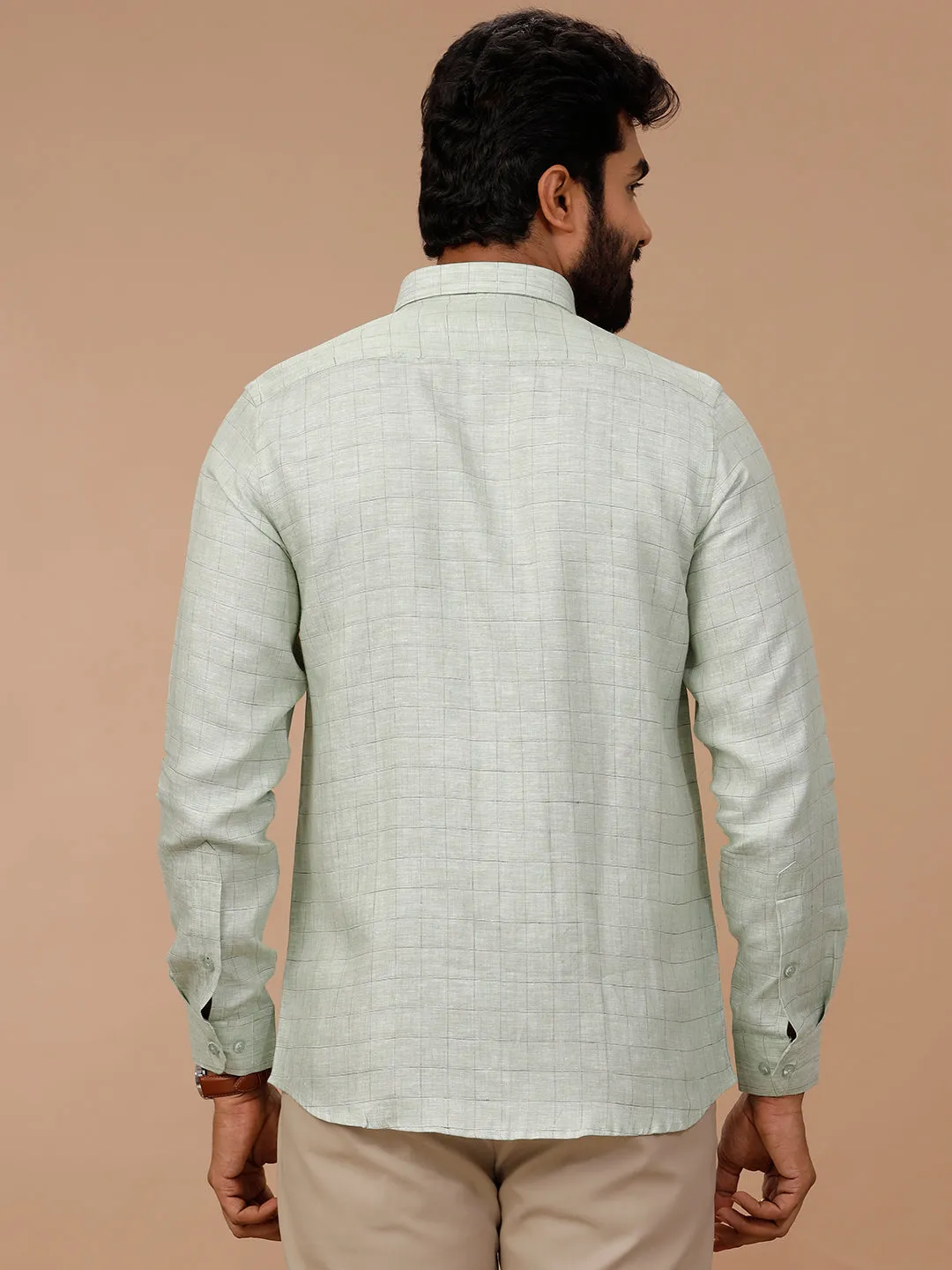 Men Pure Linen Checked Shirt Green - LS80