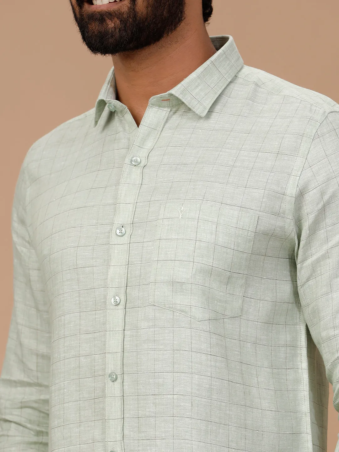 Men Pure Linen Checked Shirt Green - LS80