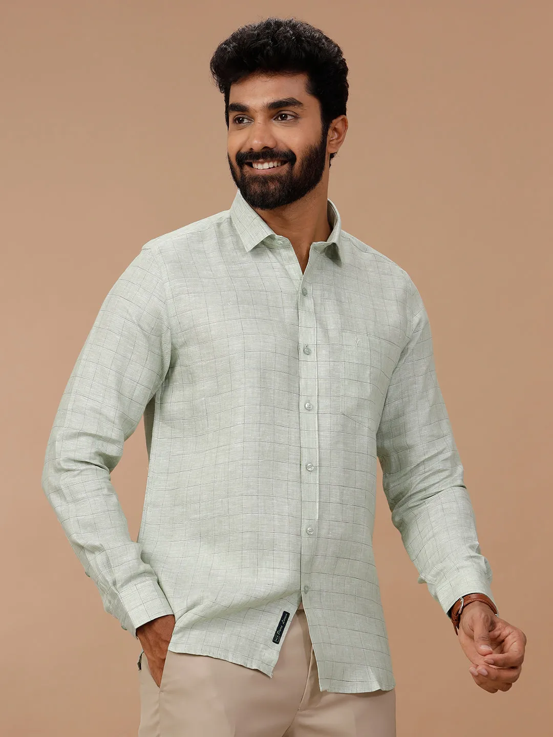 Men Pure Linen Checked Shirt Green - LS80