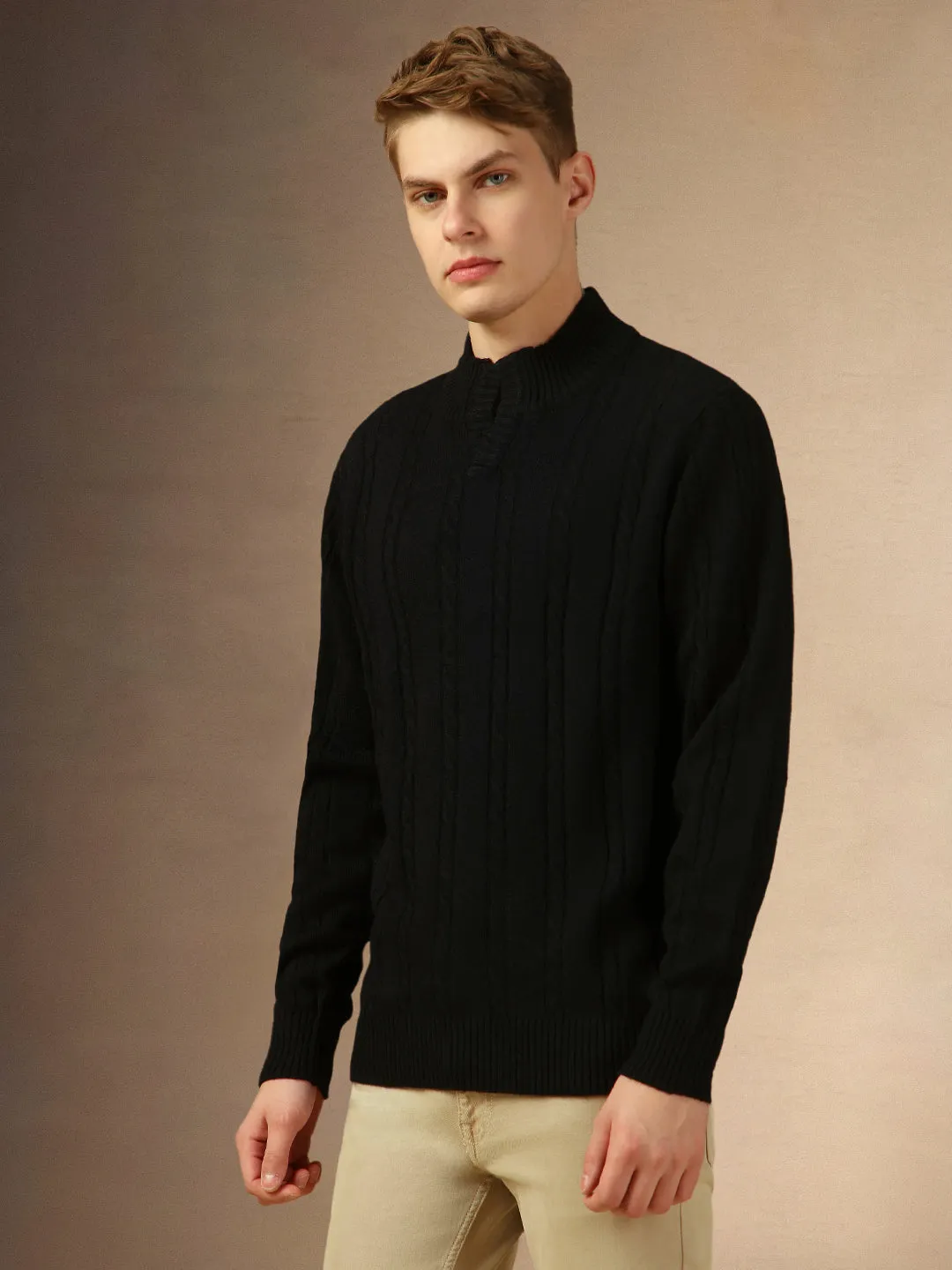 Men's Black Mock Neck Full Sleeves Slim Fit Pullover Sweater