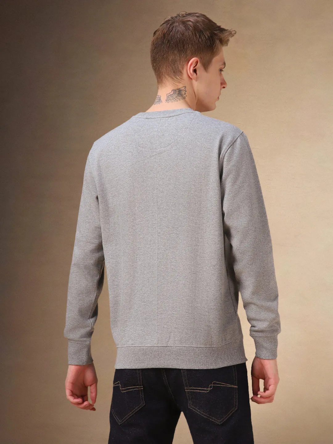 Men's Grey Solid Round Neck Full Sleeves Sweatshirt