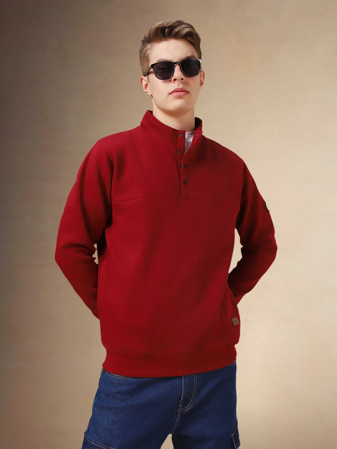 Men's Maroon Solid Mock Neck Full Sleeves Sweatshirt