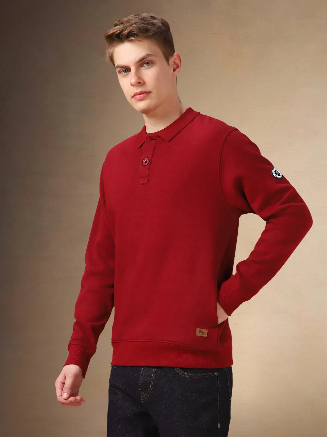 Men's Maroon Solid Polo collar Full Sleeves Sweatshirt