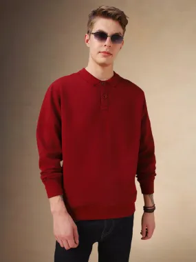 Men's Maroon Solid Polo collar Full Sleeves Sweatshirt