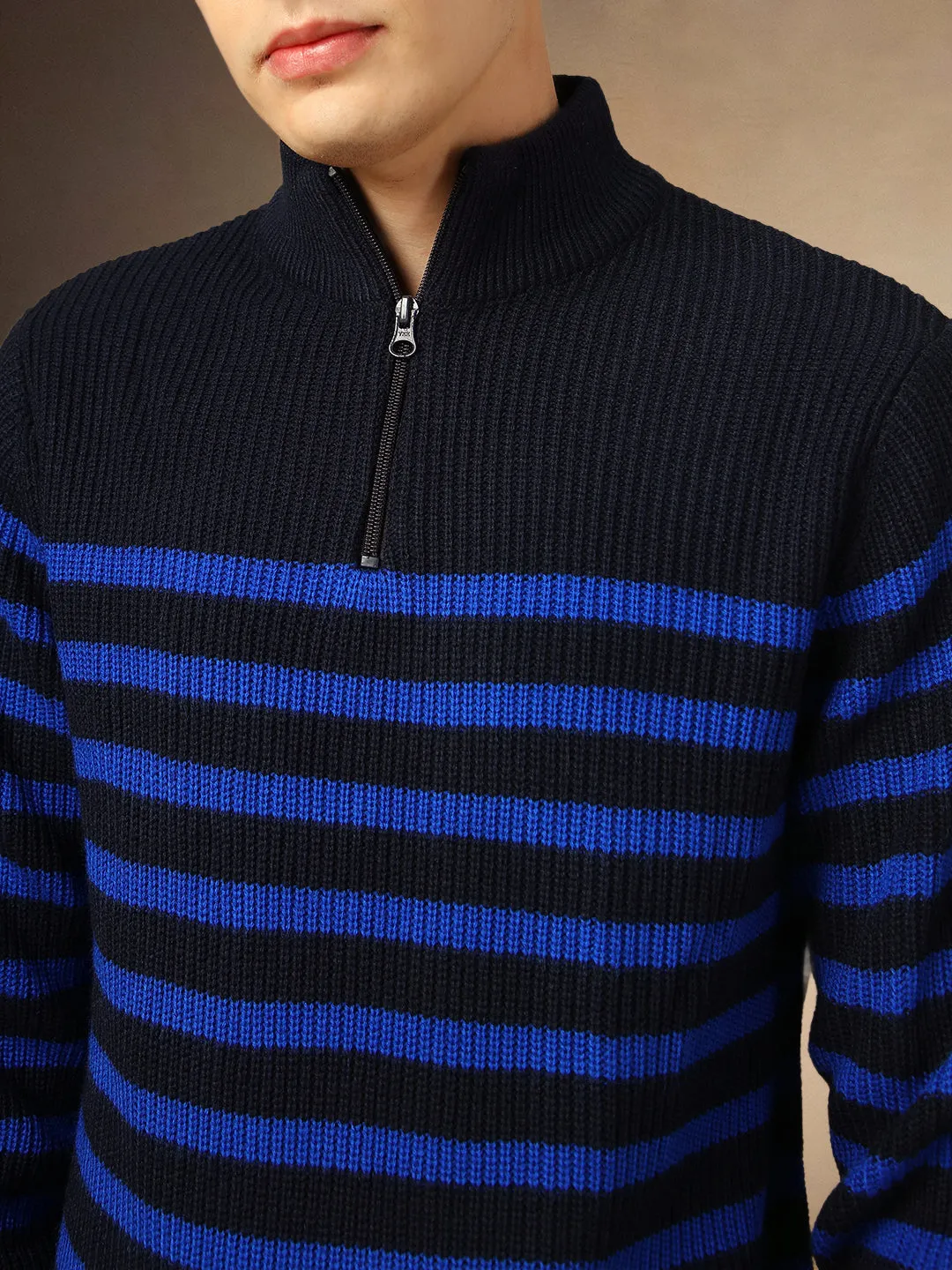 Men's Navy Blue Mock Neck Striped Pullover Sweater