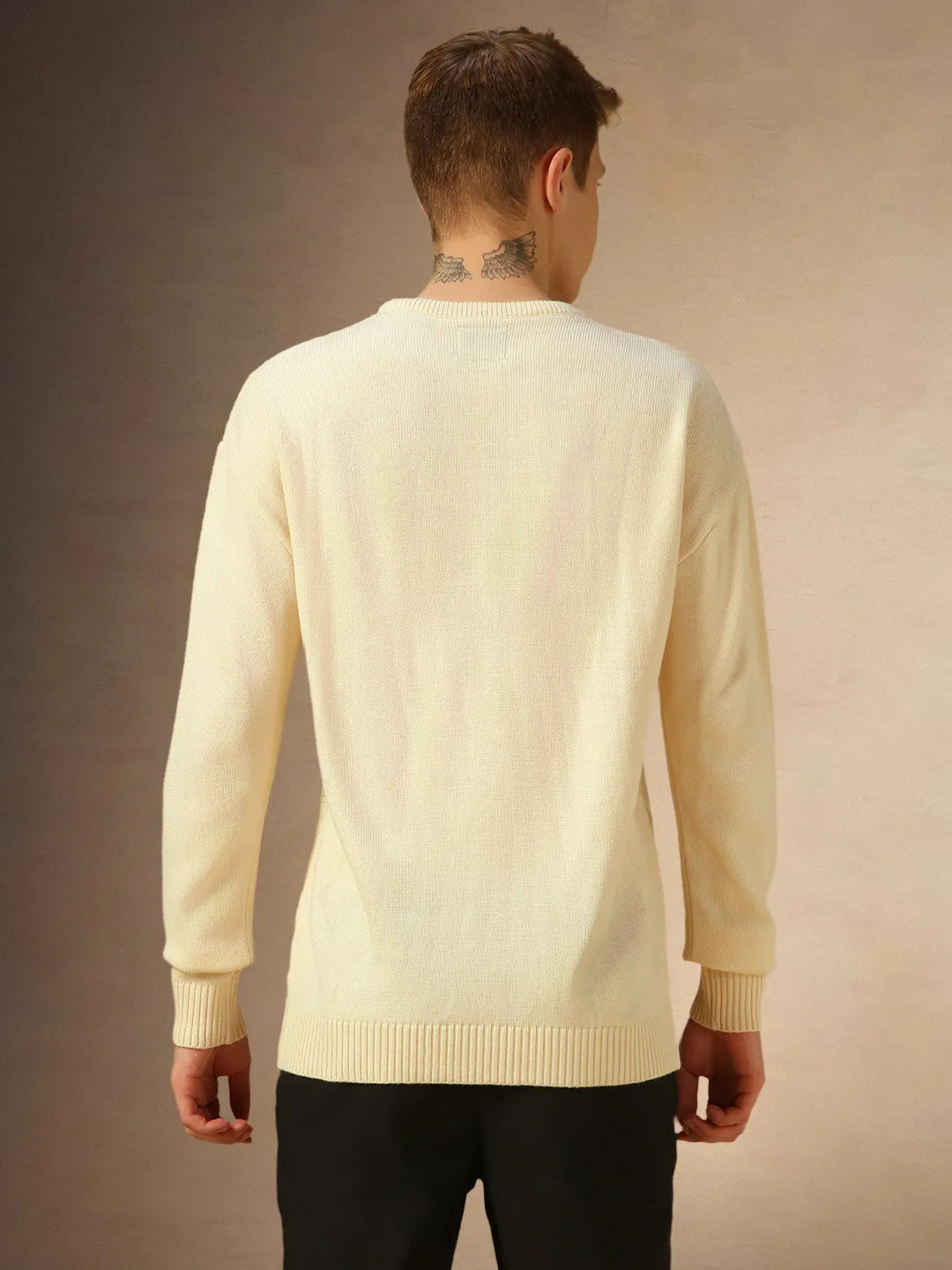 Men's Offwhite Solid Crew Neck Full Sleeves Sweater