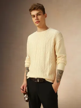 Men's Offwhite Solid Crew Neck Full Sleeves Sweater