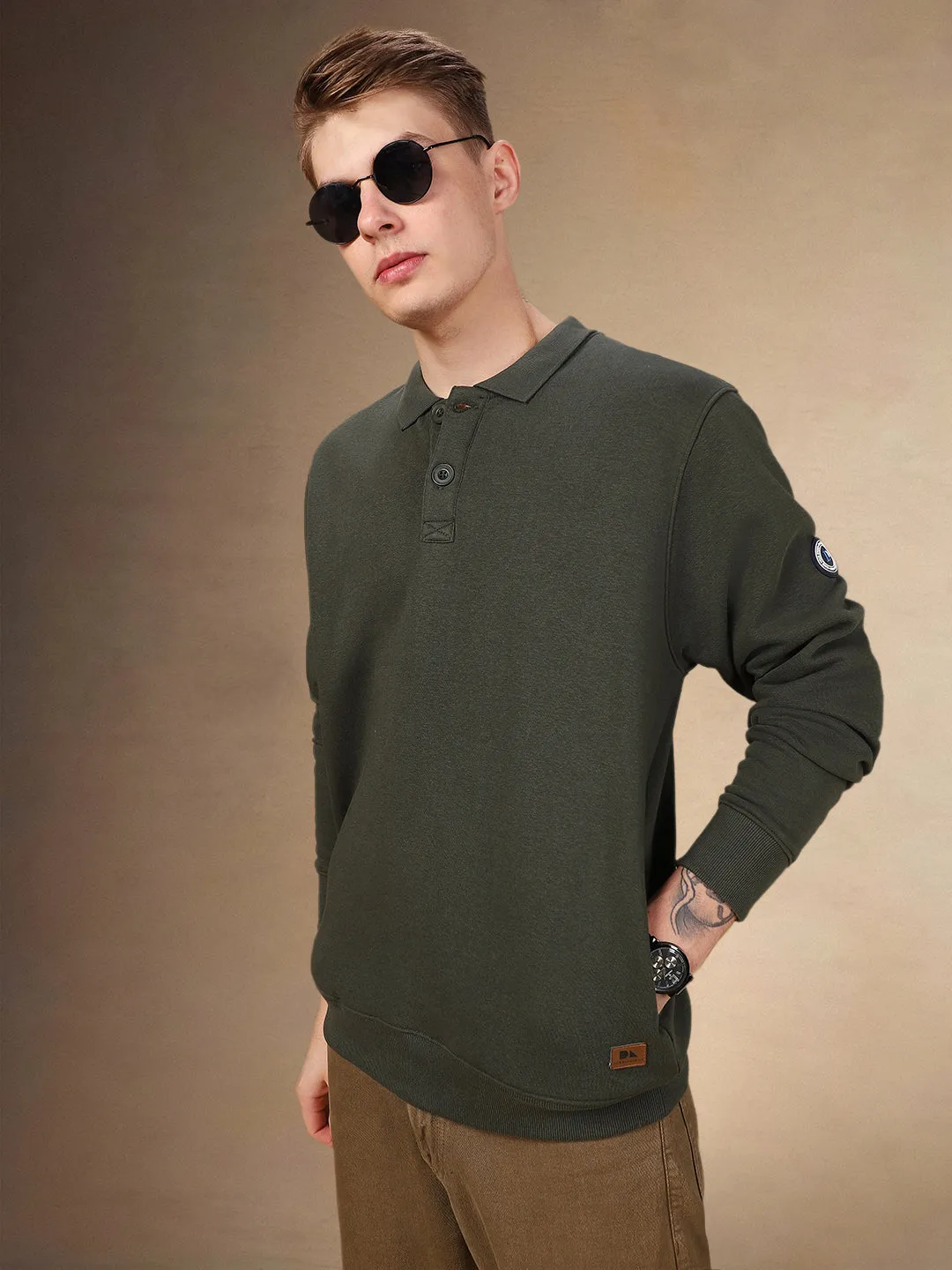 Men's Solid Polo Collar Full Sleeves Regular Fit Sweatshirt