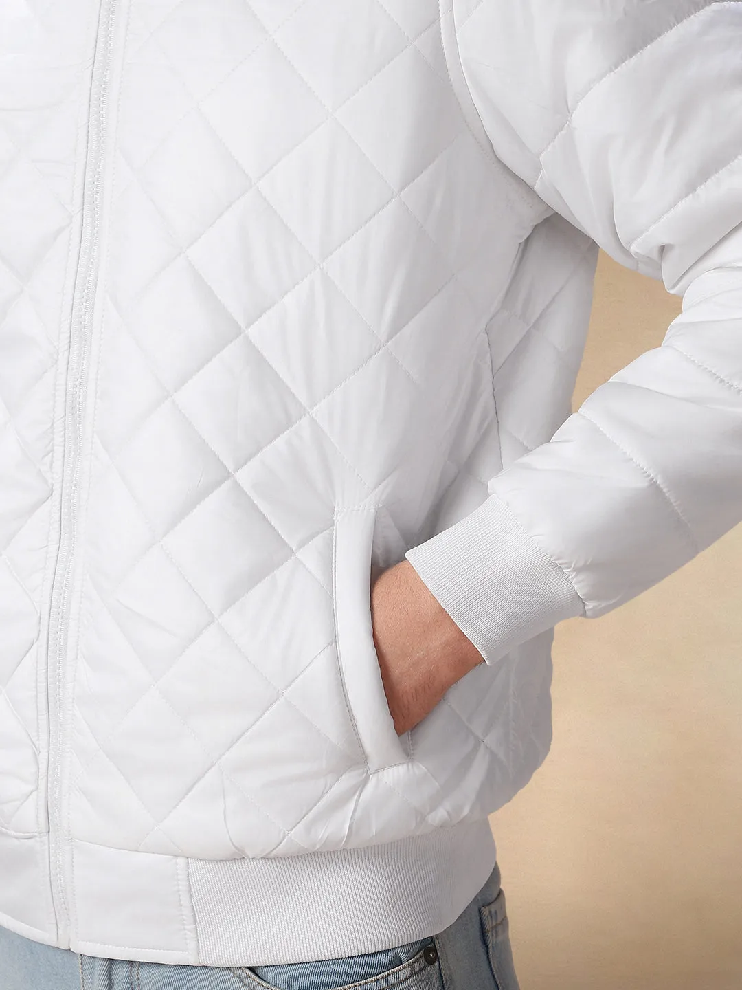 Men's Solid White Quilted Rib Collar Full Sleeves Bomber Jacket