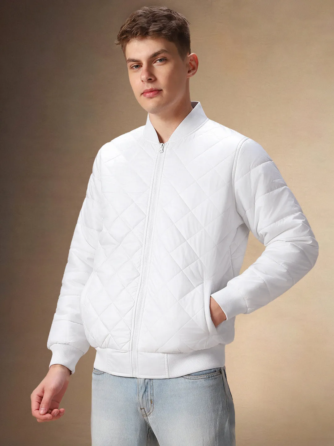 Men's Solid White Quilted Rib Collar Full Sleeves Bomber Jacket