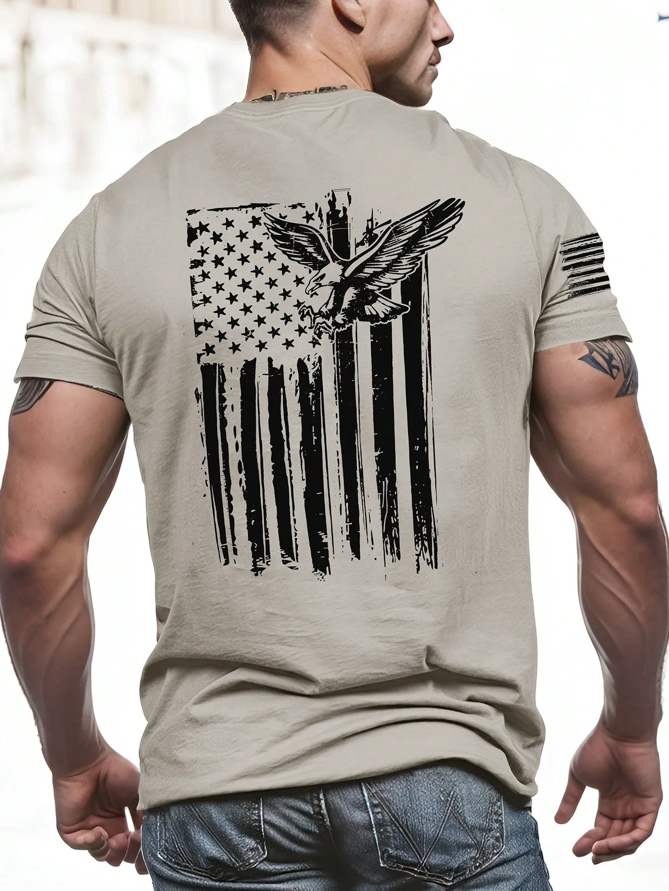 Men's Summer Casual American Eagle Printed Round Neck T-Shirt, Short Sleeve