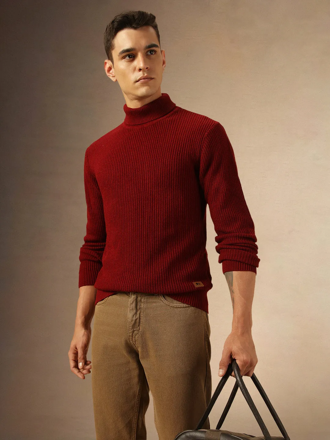 Mne's Maroon Turtle Neck Full Sleeves Sweater