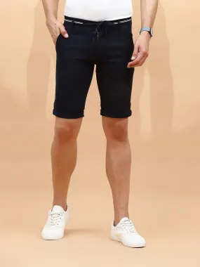 Navy Cotton Blend Regular Fit Shorts For Men