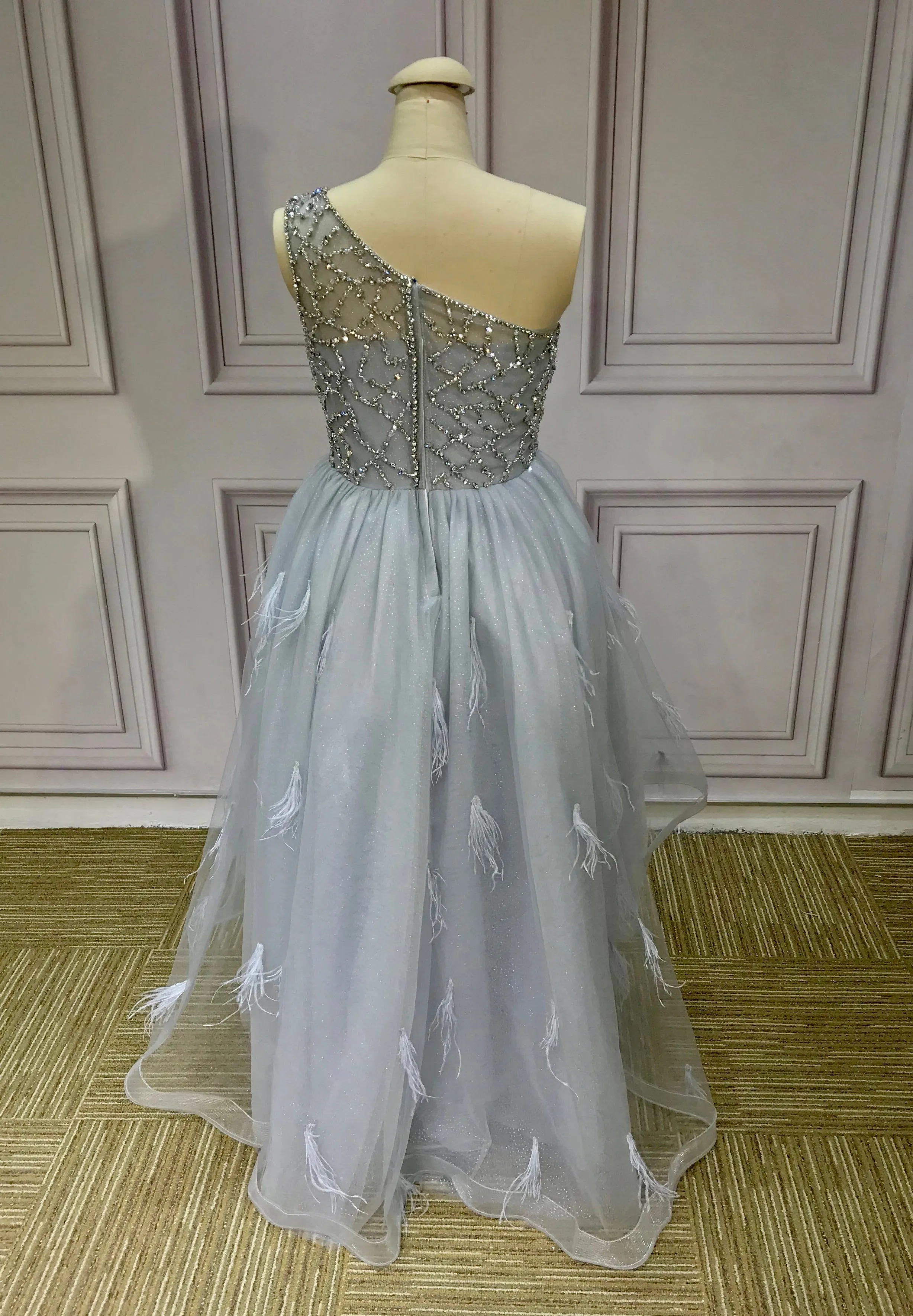 One shoulder gray feathers crystals rhinestones beaded senior flowers girl prom dress