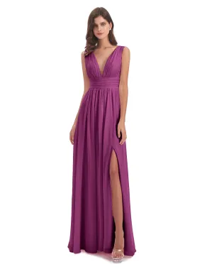 Orchid Bridesmaid Dress Charming Chiffon V Neck Split Long Bridesmaid Dresses