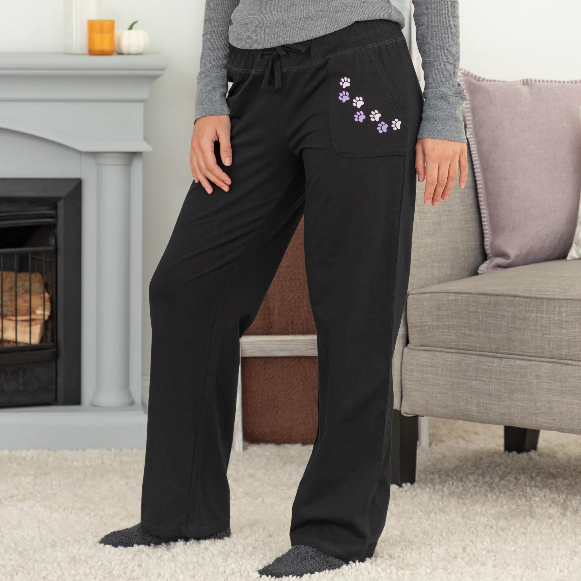 Paw Print Casual Pants with Pockets