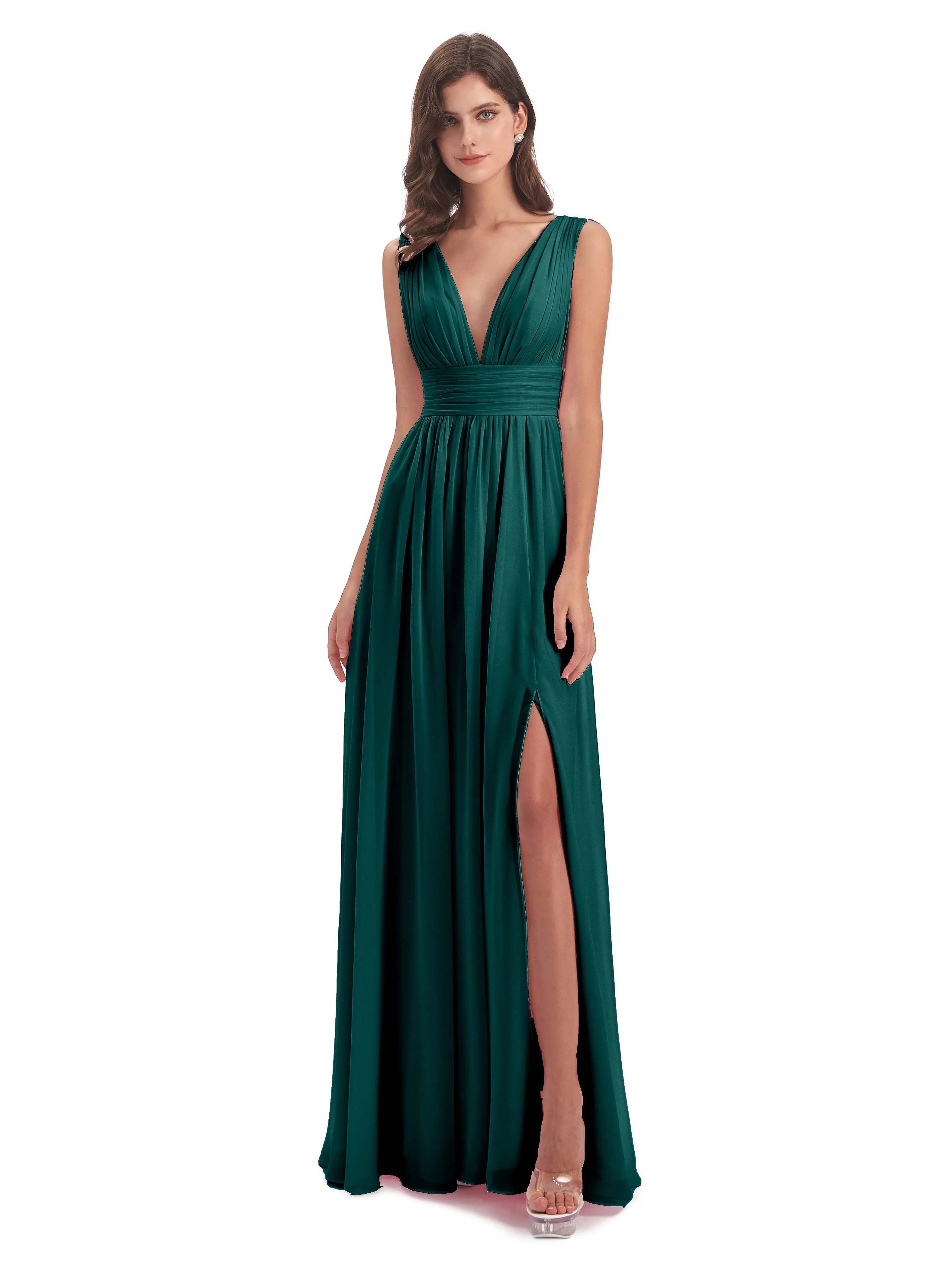 Peacock Bridesmaid Dress Charming Chiffon V Neck Split Long Bridesmaid Dresses