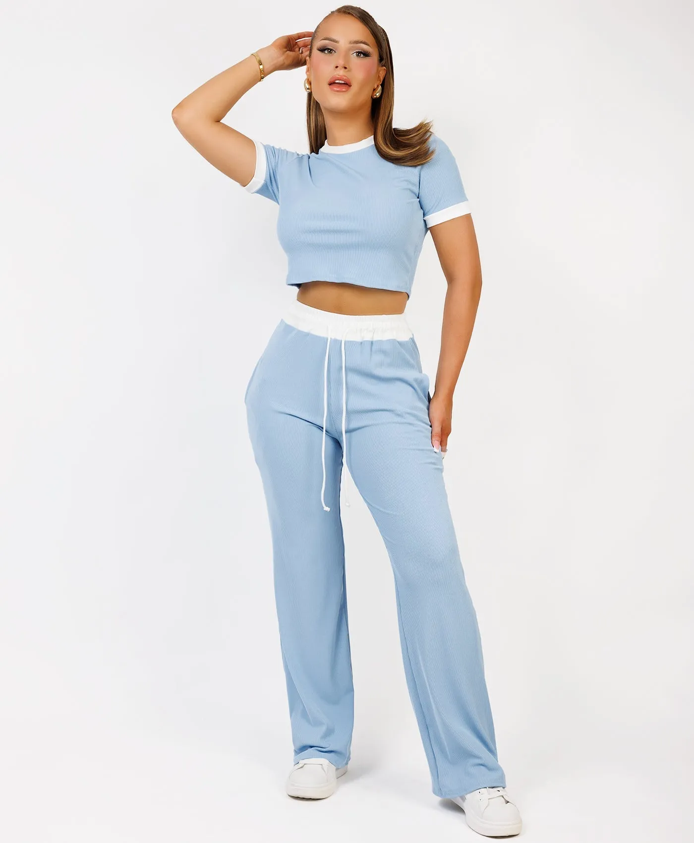 Sky Blue Wide Leg Trousers and Ribbed Top Loungewear Set