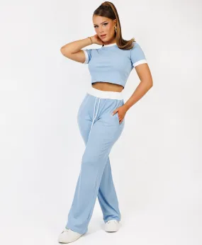 Sky Blue Wide Leg Trousers and Ribbed Top Loungewear Set