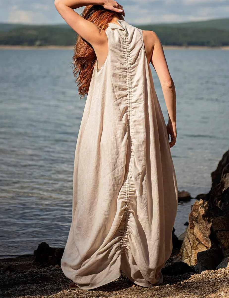 Stand Collar With Back Crinkle Linen Maxi Dress