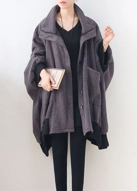 Stylish Dark Gray Pockets Button Knit asymmetrical design Fall Loose Sweatshirts Coat