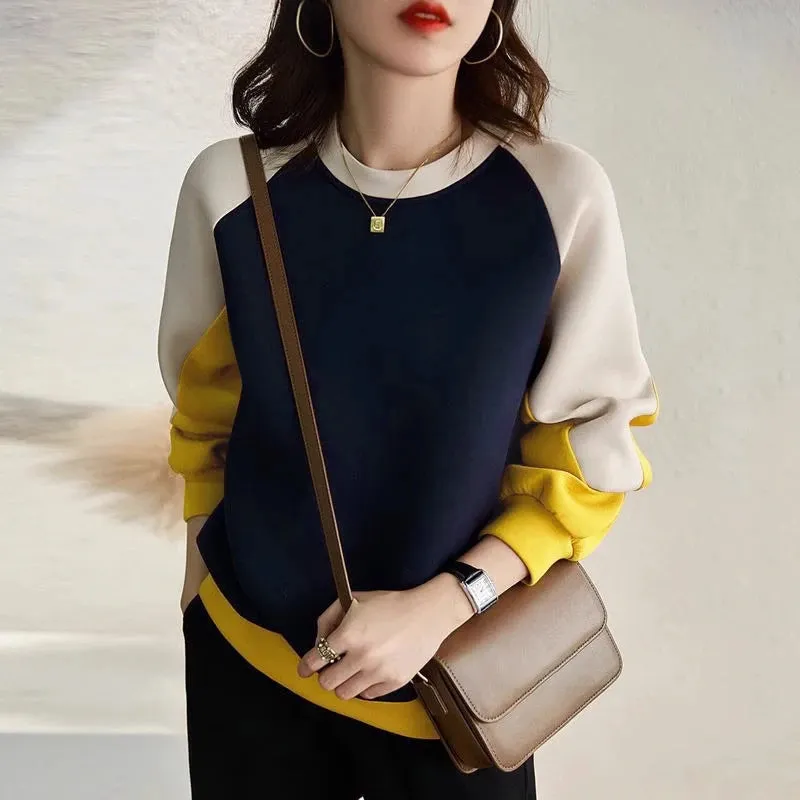 Very Stylish O-Neck Contrast  Patchwork  Color Sweatshirts Blouse with Long Sleeves