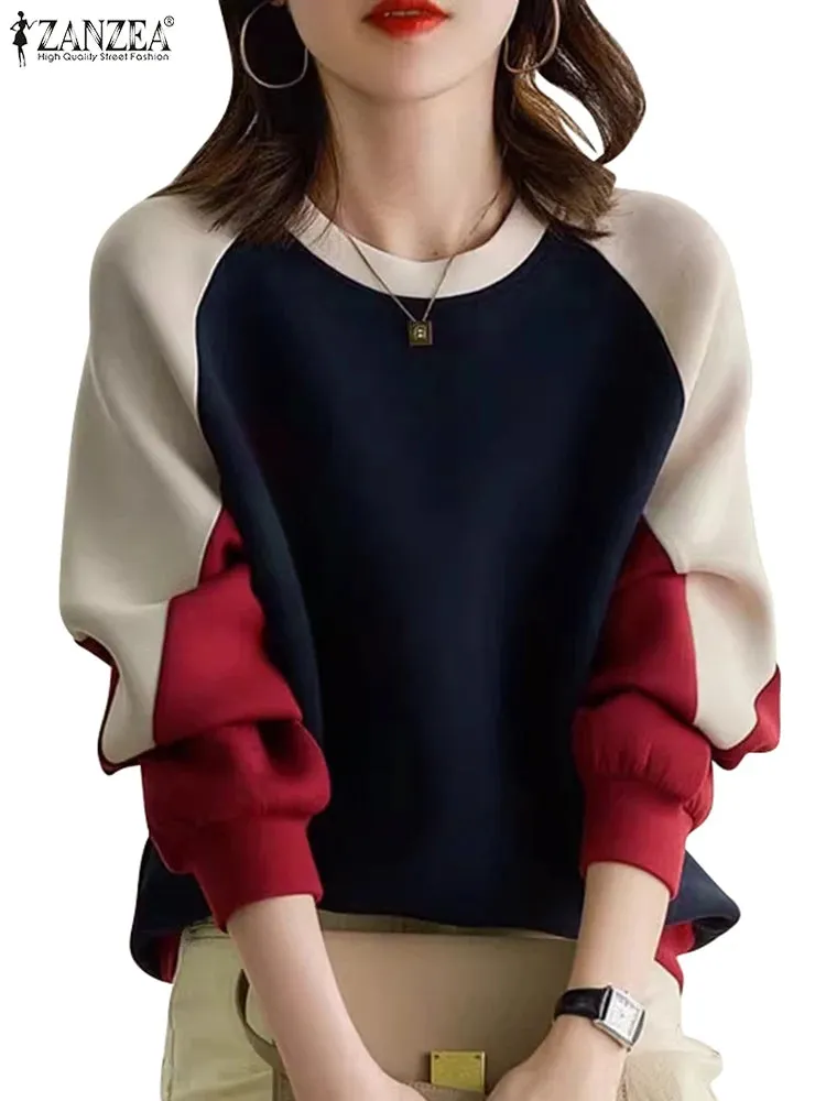 Very Stylish O-Neck Contrast  Patchwork  Color Sweatshirts Blouse with Long Sleeves