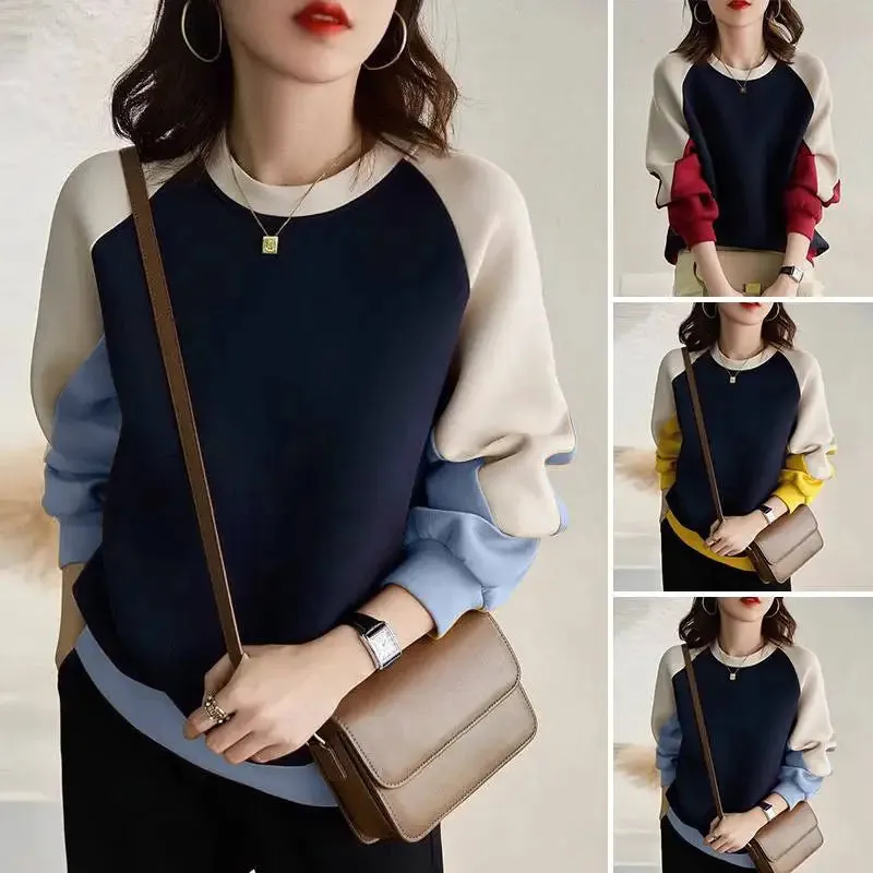 Very Stylish O-Neck Contrast  Patchwork  Color Sweatshirts Blouse with Long Sleeves