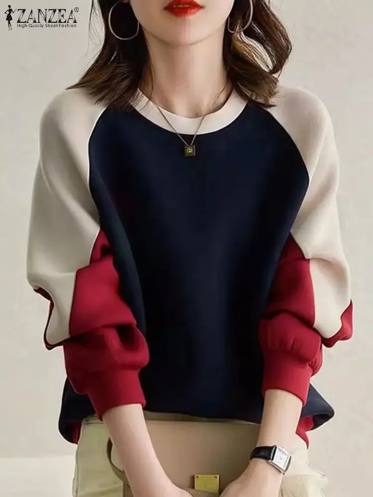 Very Stylish O-Neck Contrast  Patchwork  Color Sweatshirts Blouse with Long Sleeves