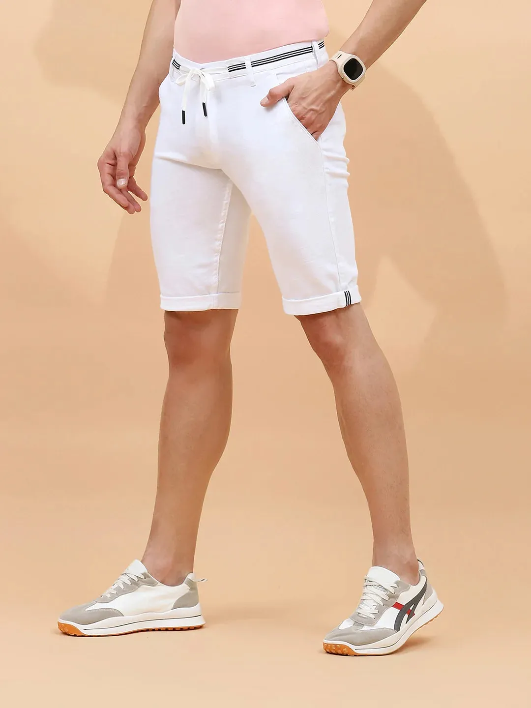 White Cotton Blend Regular Fit Shorts For Men