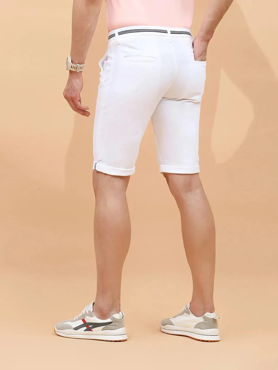 White Cotton Blend Regular Fit Shorts For Men