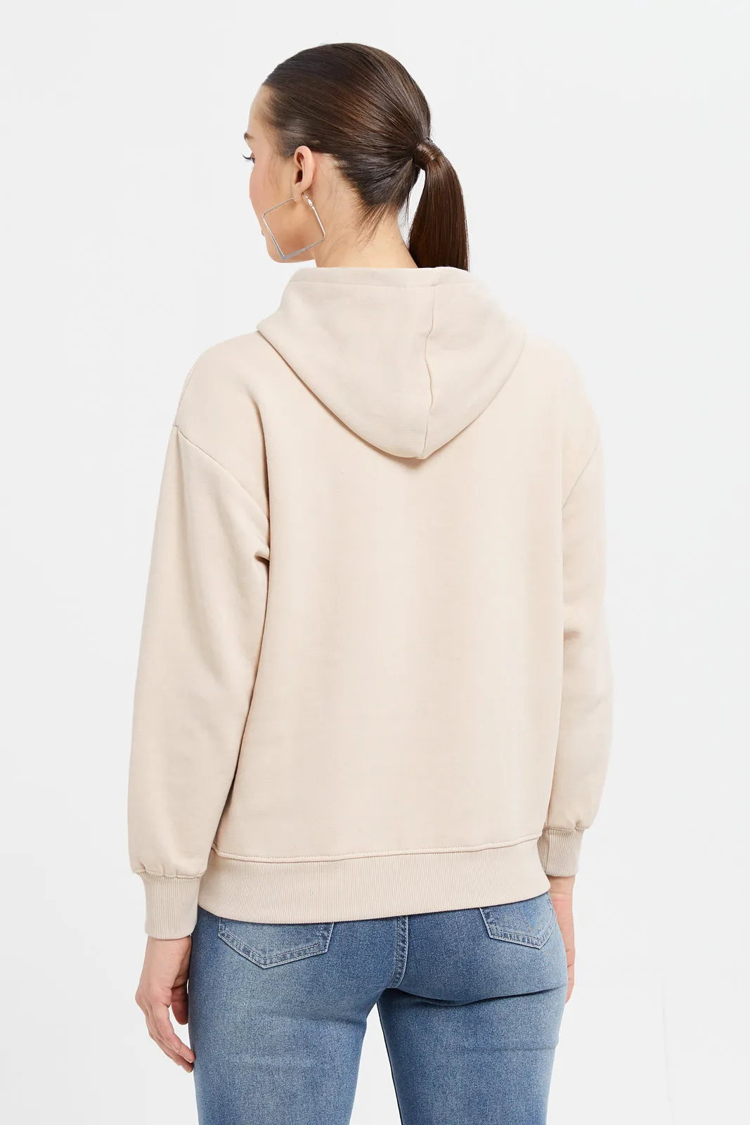 Women Beige Printed Hooded Sweatshirt