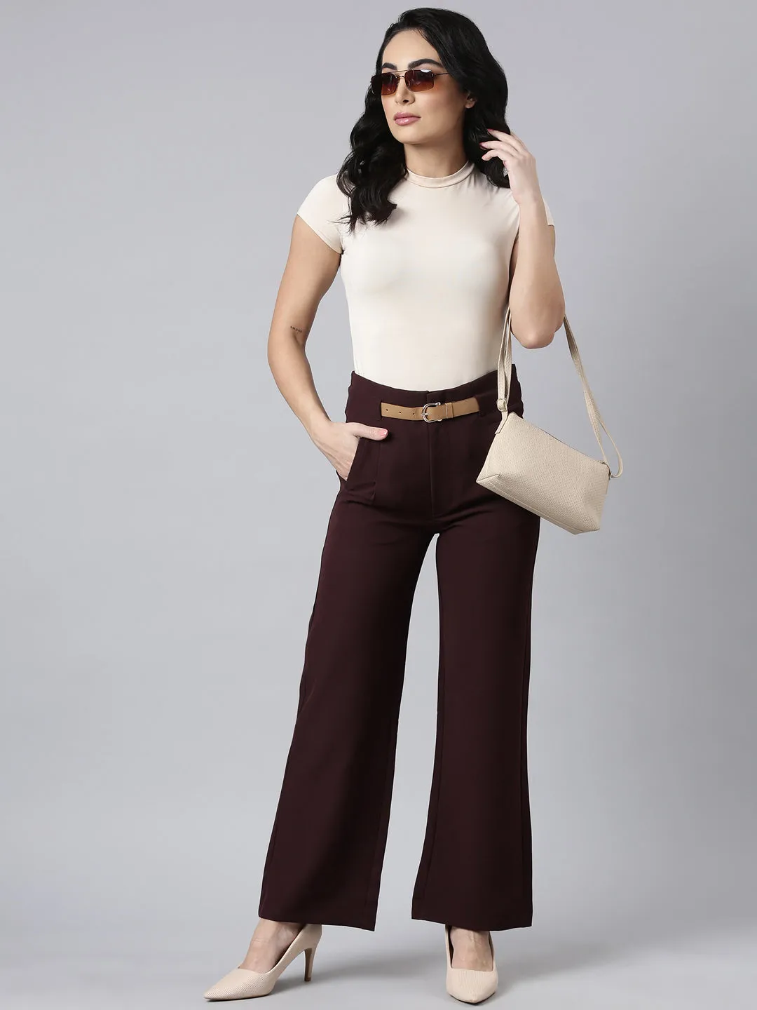 Women Solid Burgundy Parallel Trousers