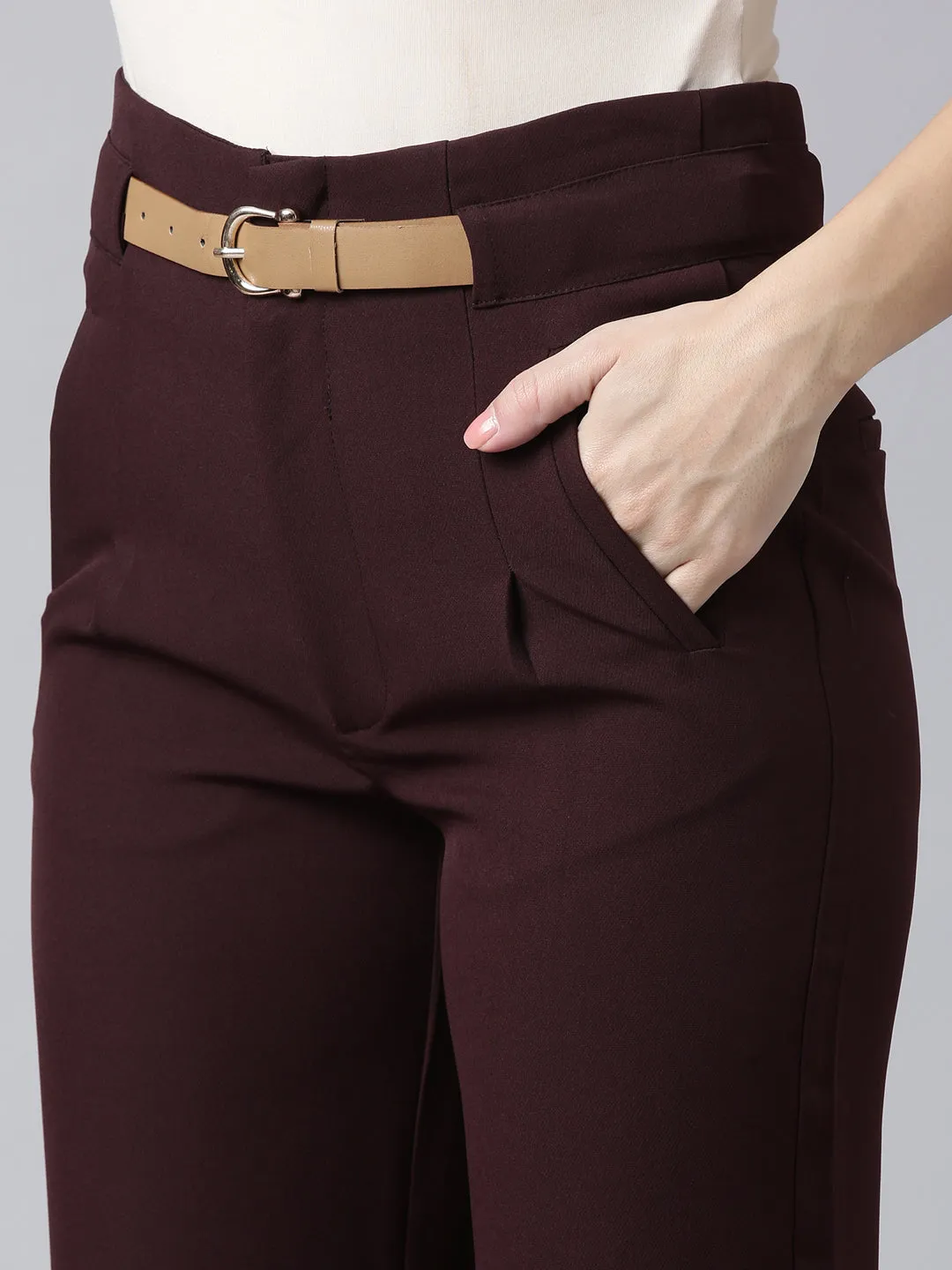 Women Solid Burgundy Parallel Trousers