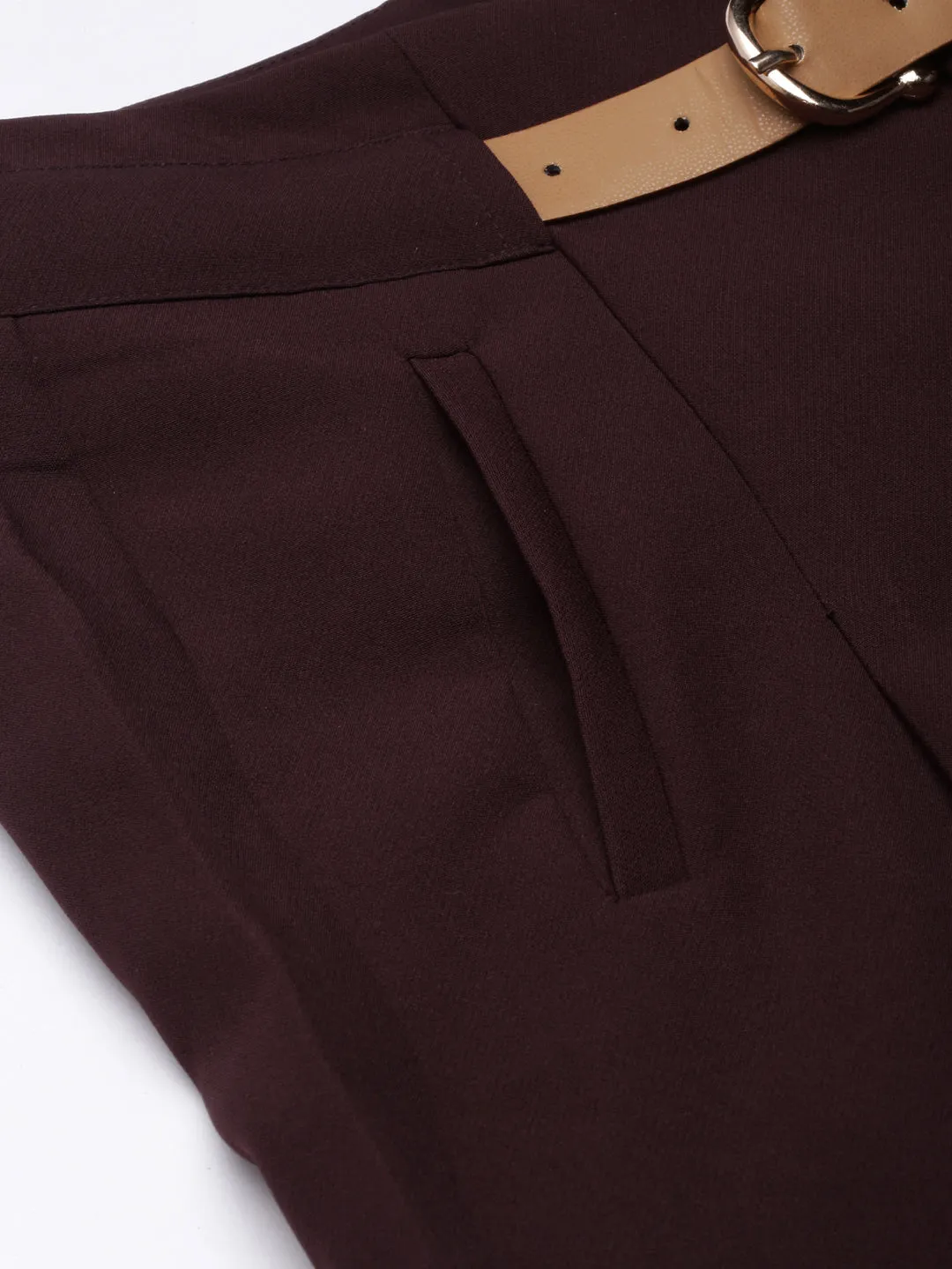 Women Solid Burgundy Parallel Trousers