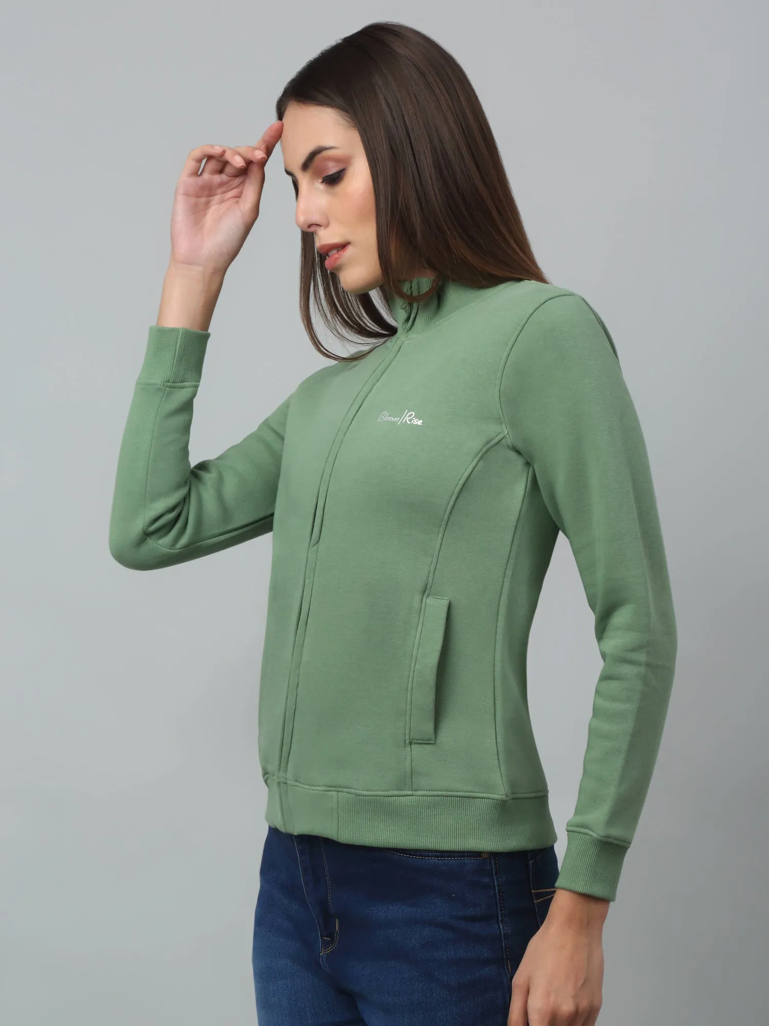 Women's Casual  Green Regular Full Sleeve Zipthru  Sweatshirt