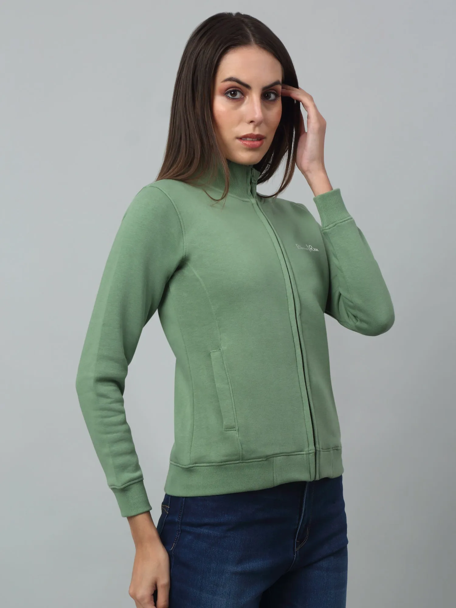 Women's Casual  Green Regular Full Sleeve Zipthru  Sweatshirt