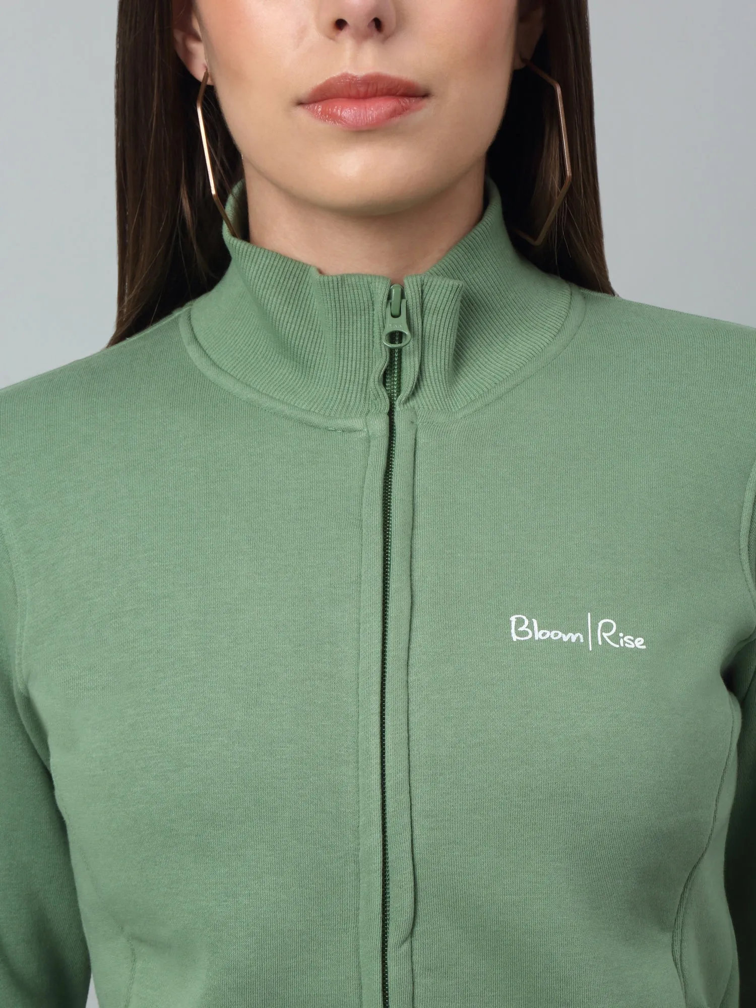 Women's Casual  Green Regular Full Sleeve Zipthru  Sweatshirt